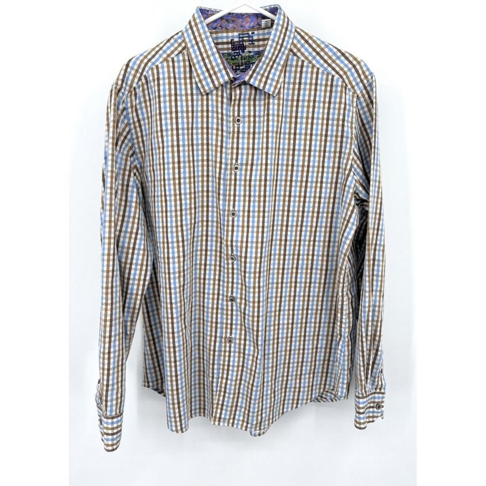 Robert Graham Mens XL Brown Blue Check Shirt Button Up